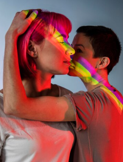 Abstract rainbow-themed couple portrait