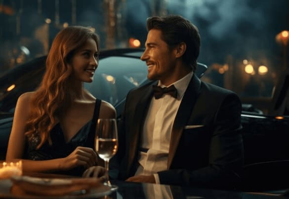 Elegant couple enjoying a polished night-time setting