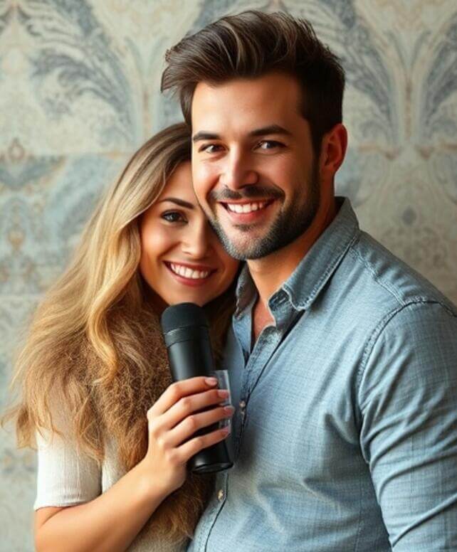 Adult couple with microphone posing for a lifestyle portrait